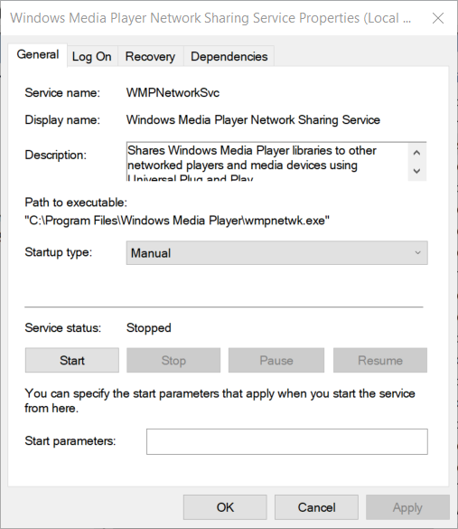 võrgu jagamisteenuse atribuutide aken Windowsi meediumipleieri serveri käivitamine nurjus