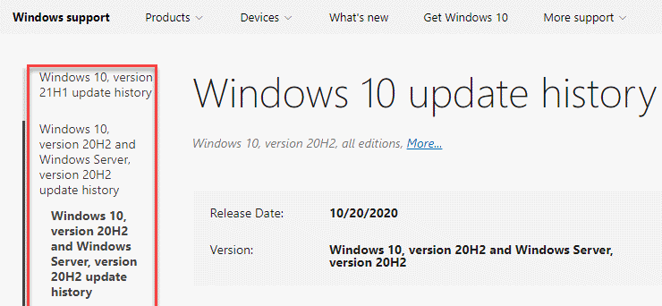 Página de histórico de atualização do Windows 10 Selecione a versão atual do Windows 10