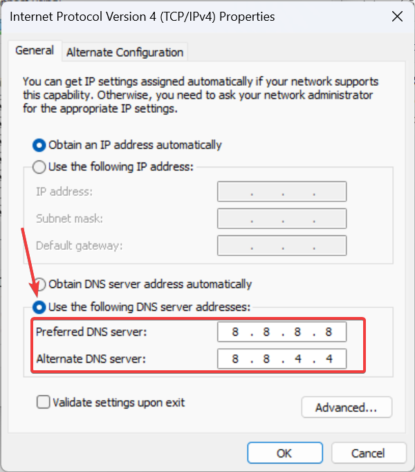 schimbați serverul DNS pentru a remedia eroarea Discord 1105
