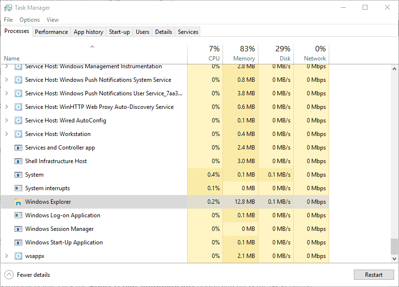 užduočių tvarkyklė iš naujo paleiskite „Windows Explorer“ procesą