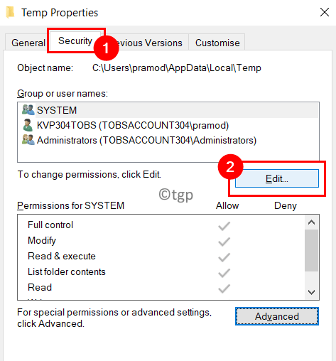 Temp Properties Security Edit Select User Min