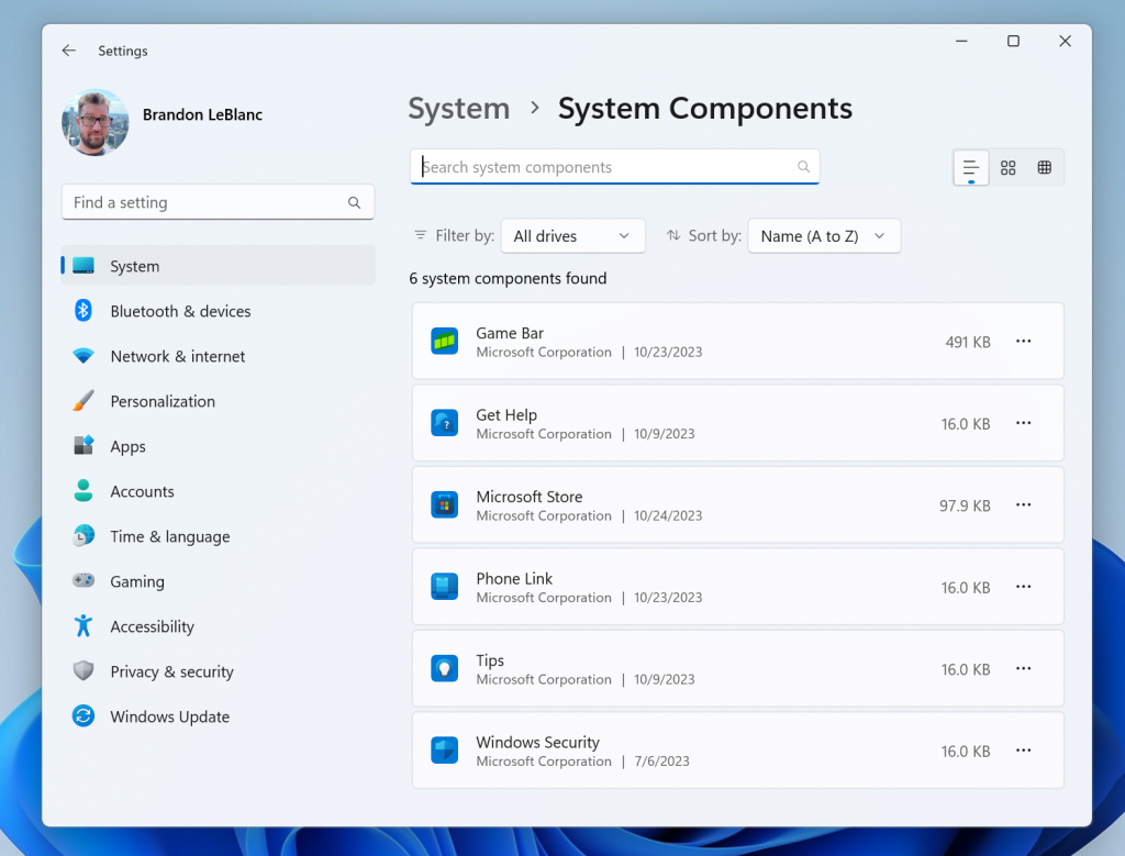 Nova página de configurações de componentes do sistema.