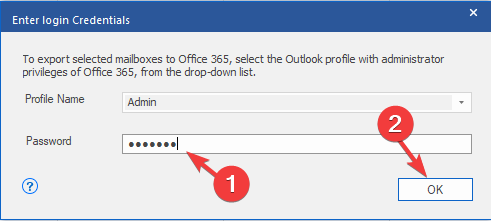 den konfigurerade Outlook-profilen med administratörsrättigheter, ange lösenordet