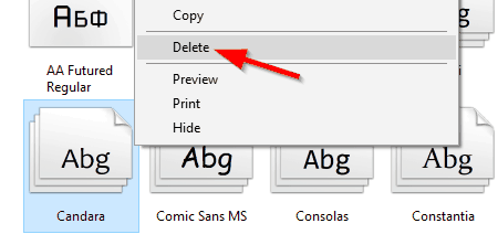 Windows yazı tipi silme yazı tipini göstermiyor