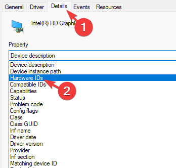 En la pestaña de detalles de las propiedades, seleccione los identificadores de hardware de la lista desplegable