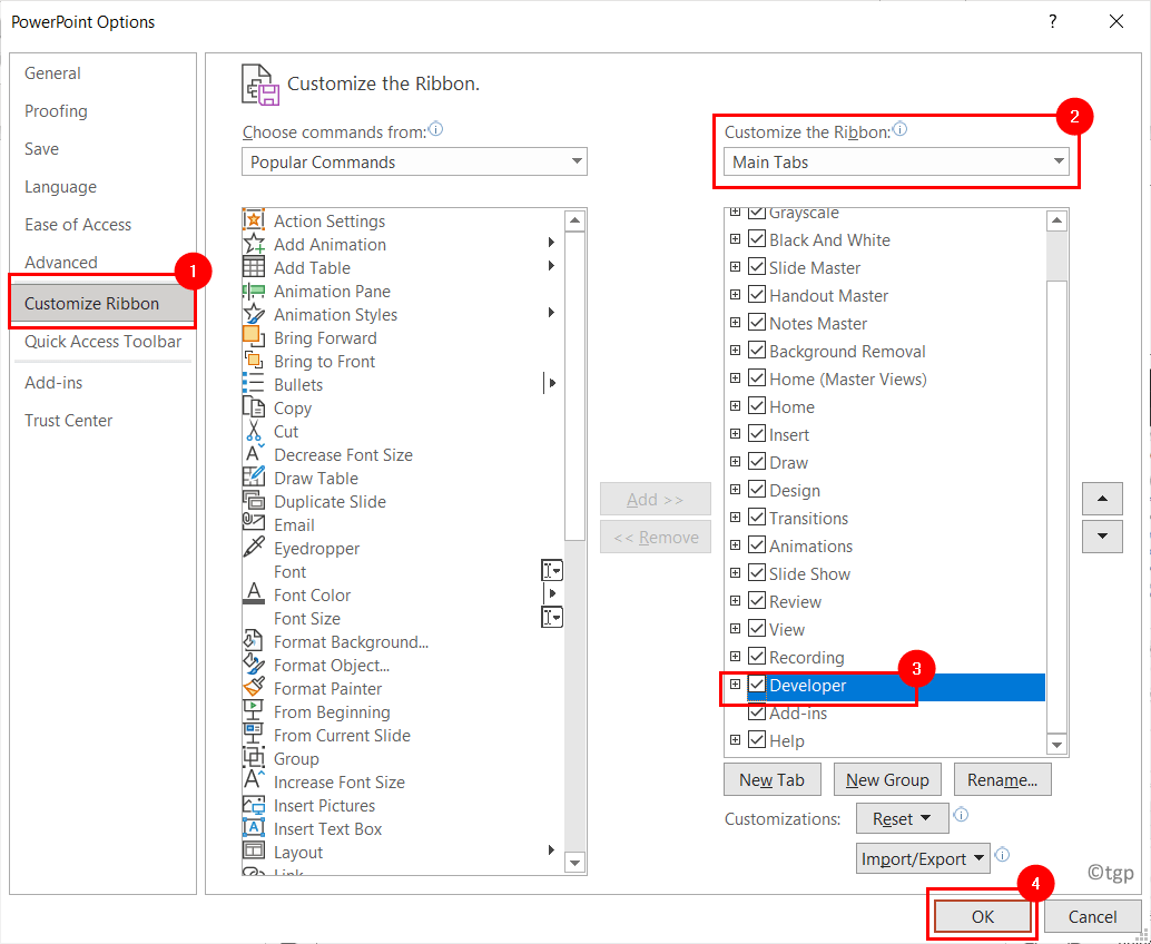 Ppt-Optionen Menüband-Entwicklerregisterkarte anpassen Min. aktivieren