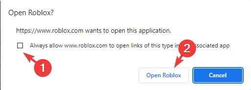 Permiteți întotdeauna www.roblox.com să deschidă linkuri de acest tip în aplicația asociată 