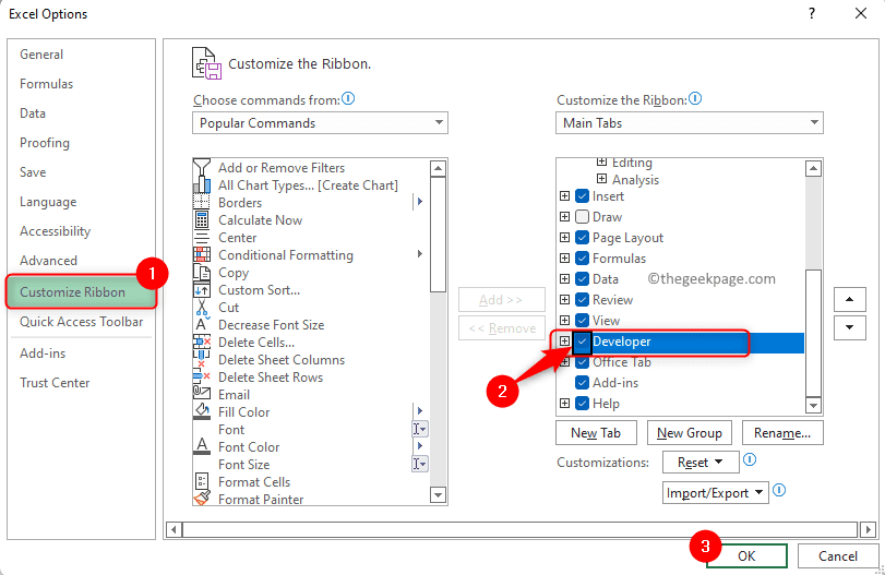 Opciones de Excel Personalizar cinta Verificar desarrollador Min