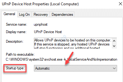 Propriedades do serviço de host de dispositivo upnp Geral Tipo de inicialização automática