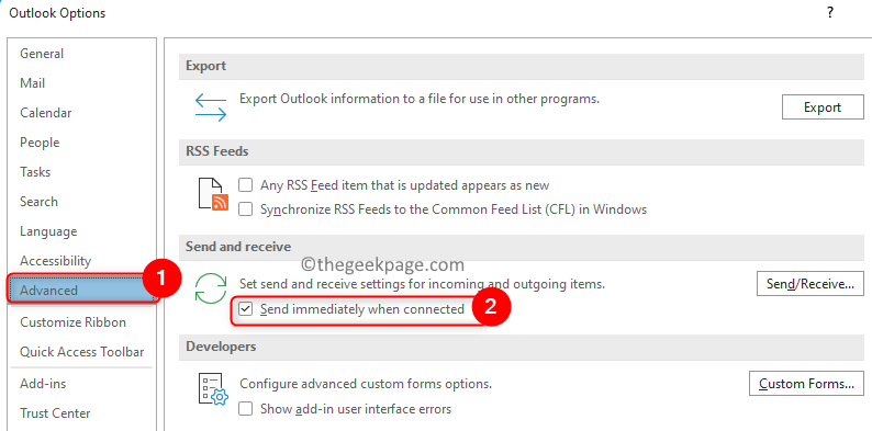 Опции за файл на Outlook Advaces Изпращане незабавно, когато е свързан Мин