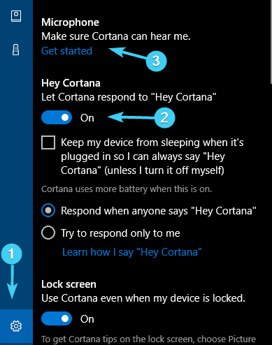 pc ხმის კონტროლის Windows 10 კორტანას პარამეტრები