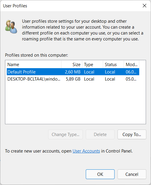 Erweiterte Systemeinstellungen für Benutzerprofile in Windows 11