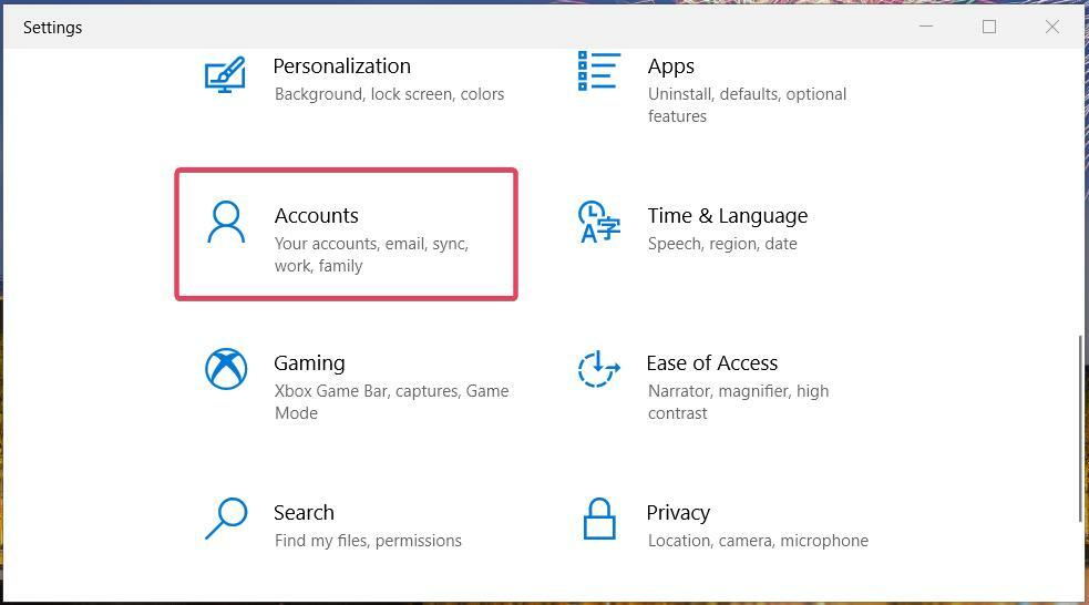 A categoria Contas remove uma conta corporativa ou escolar do Windows 10