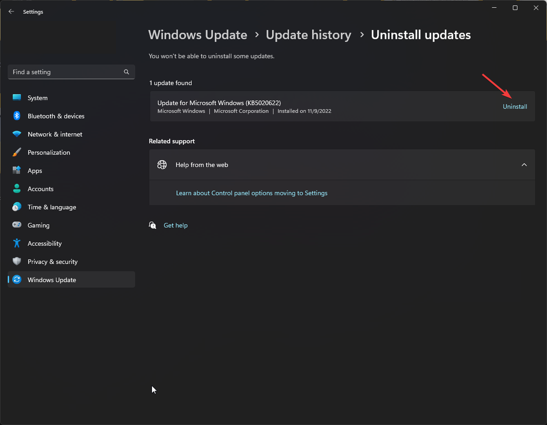 ถอนการติดตั้งการอัปเดต Windows Update
