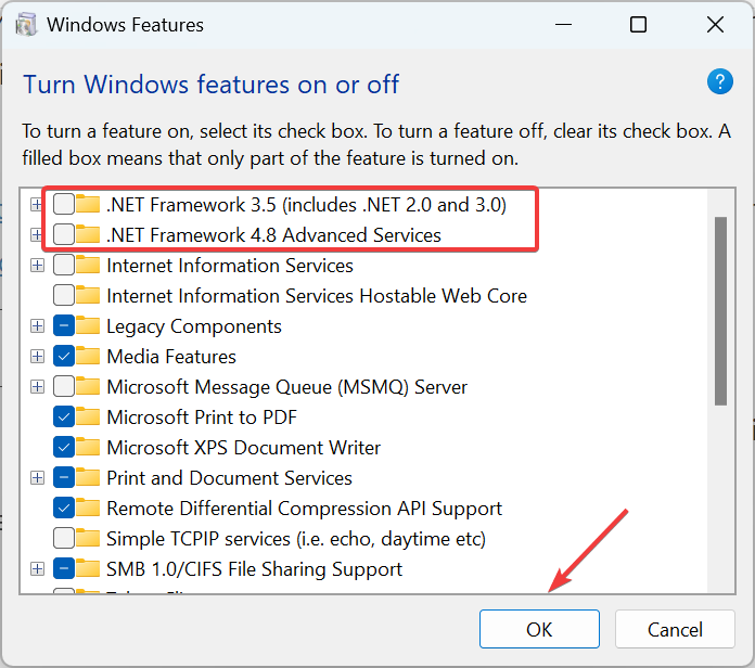 wyłącz platformę .NET na poprawkę 0x8000ffff Windows 11