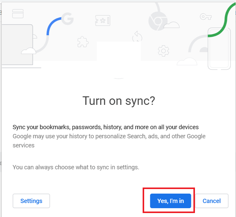 Google chrome Включване на синхронизирането - Да, влизам