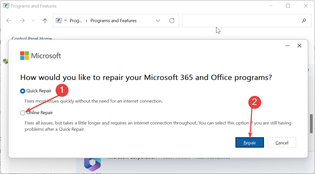 Outlook การซ่อมแซมออนไลน์ไม่สามารถสร้างไฟล์งานได้