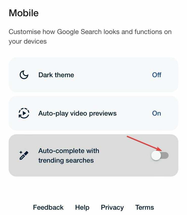 inaktivera populära sökningar på mobilen