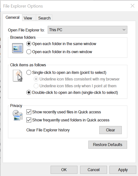 File Explorer opcijas