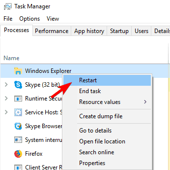 סמל עוצמת הקול אינו פועל Windows 10 הפעל מחדש את Windows Explorer