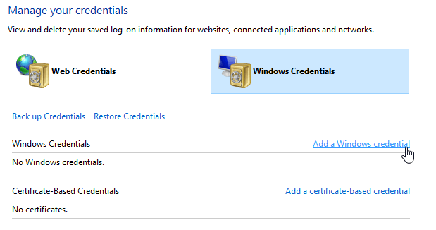 tilføj en Windows-legitimationsoplysninger, som den delte mappe ikke har adgang til