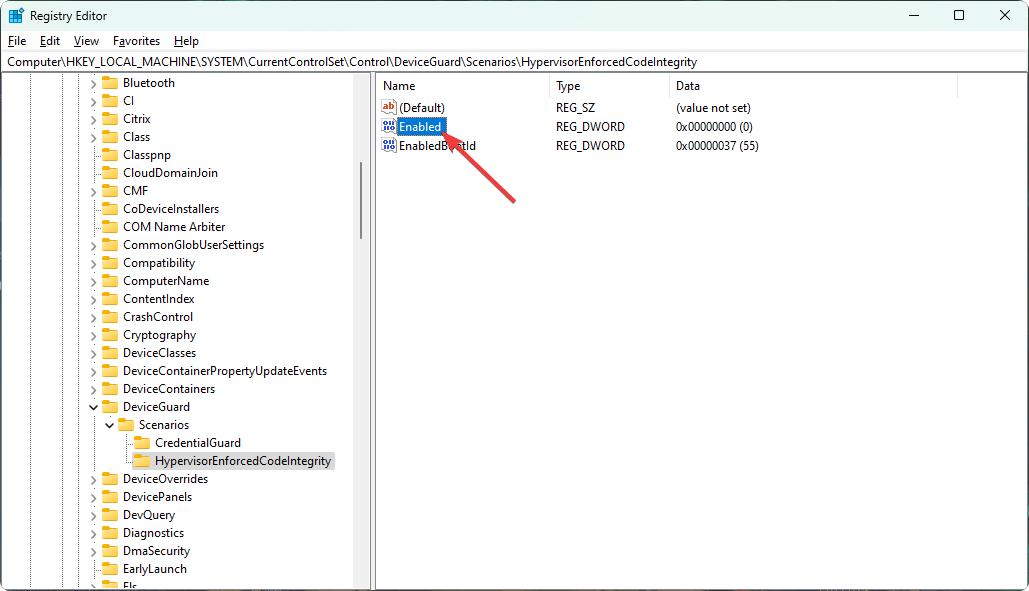 im Windows-Registrierungseditor hypervisorenforcedcodeintegrity aktiviert