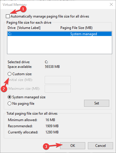 قم بتعيين حجم ملف ترحيل الصفحات المخصص لخطأ إدارة ذاكرة SSD لمحرك أقراص النظام