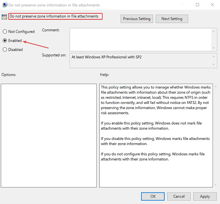 omogući ne čuvaj informacije o zoni PC je blokirao pristup ovoj datoteci