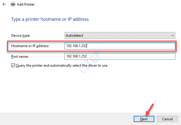 Lisage printeri hostinimi või IP-aadress Järgmine