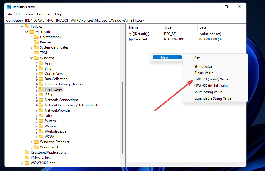 A Duplaszó-érték beállítás a Windows 11 fájltörténetében
