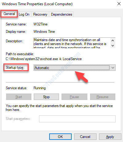 Vlastnosti času systému Windows Karta Obecné Typ spouštění Automaticky