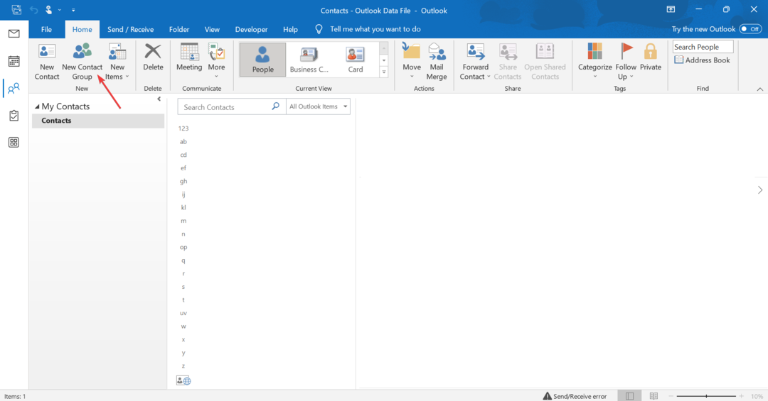 مجموعة جهات اتصال جديدة لإنشاء بريد إلكتروني جماعي في Outlook