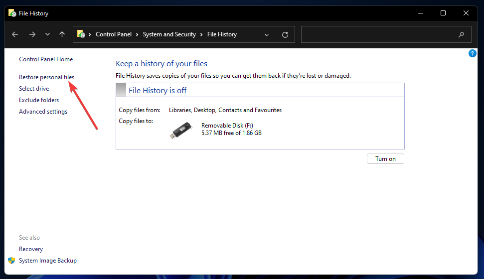 Опция за възстановяване на лични файлове в историята на файловете на Windows 11