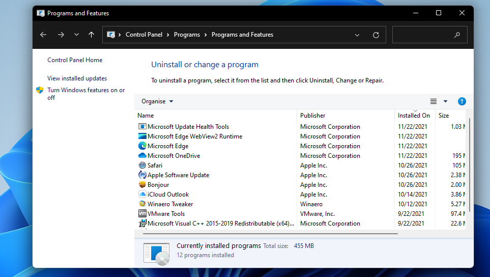 Programmes et fonctionnalités Windows 11 Chrome ne fonctionne pas