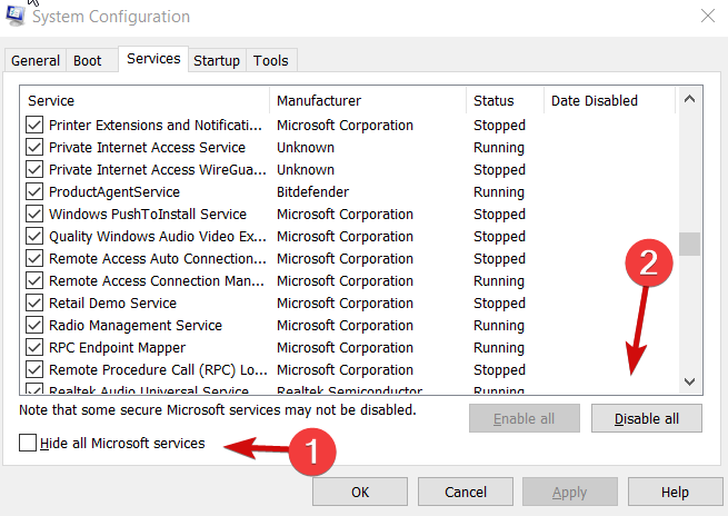 jelölje be az Összes Microsoft-szolgáltatás elrejtése jelölőnégyzetet