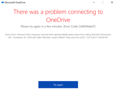 fejl 0x8004ded7 - OneDrive-fejlskærmbillede