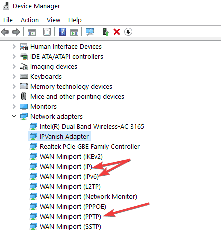 desinstallige WAN Miniport seadmehaldur Windows 10