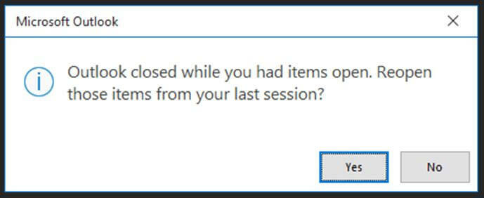 Outlook vuelve a abrir los elementos cerrados después de reiniciar