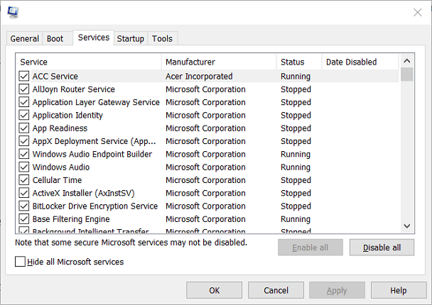Nastavenie Skryť všetky služby spoločnosti Microsoft Chyba aplikácie 0xe0434352 v systéme Windows