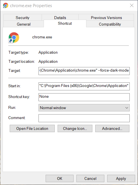 Chrome'i atribuutide akna pimedas režiimis kroom lülitatakse välja