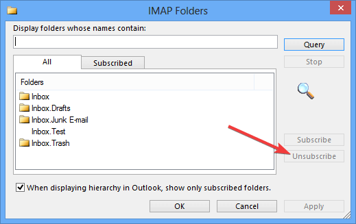IMAP-tilauksen peruuttaminen ei onnistu poistamaan sähköpostikansiota Outlookissa