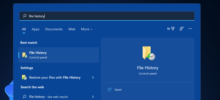 Търсене в хронология на файлове в историята на файловете на windows 11