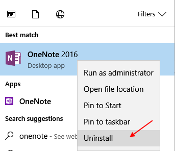 Távolítsa el az Onenote alkalmazást