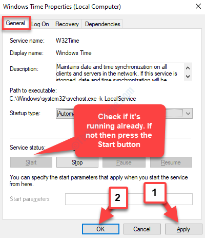 Windows Time Properties-fliken Allmänt Tjänstestatus körs om inte starta Tillämpa Ok