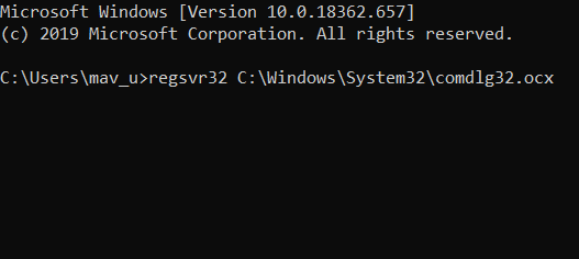 командата regsver32 за 32-битова грешка в Windows comdlg32.ocx windows 10