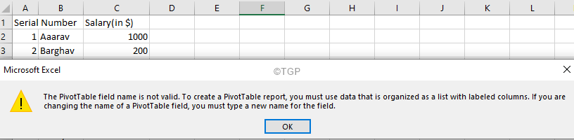 Excel에서 피벗 테이블 필드 이름이 유효하지 않은 오류를 수정하는 방법