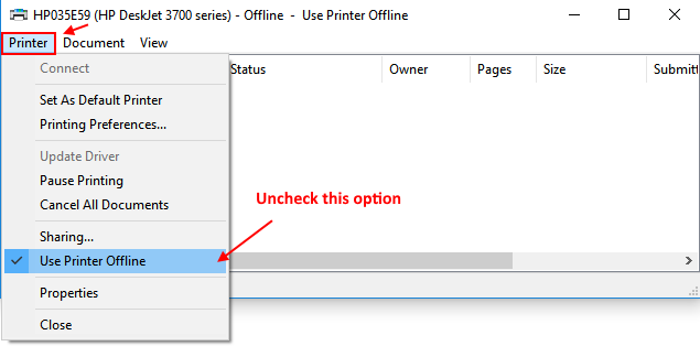 Yazıcı Çevrimdışı Kullan seçeneğinin işaretini kaldırın