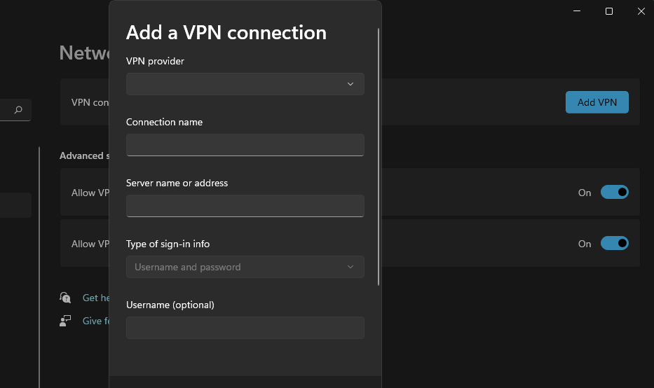 VPN-ühenduse lisamise aken Windows 11 vpn ei tööta