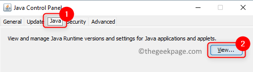 Java-Systemsteuerung Jre-Einstellungen anzeigen Min