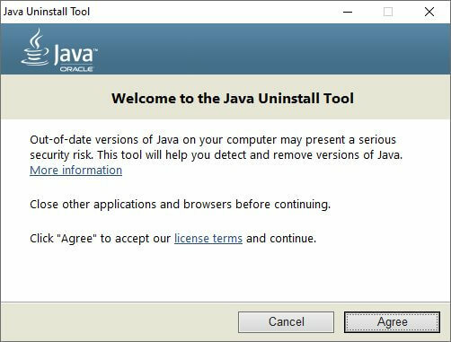 Interface de l'outil de désinstallation Java